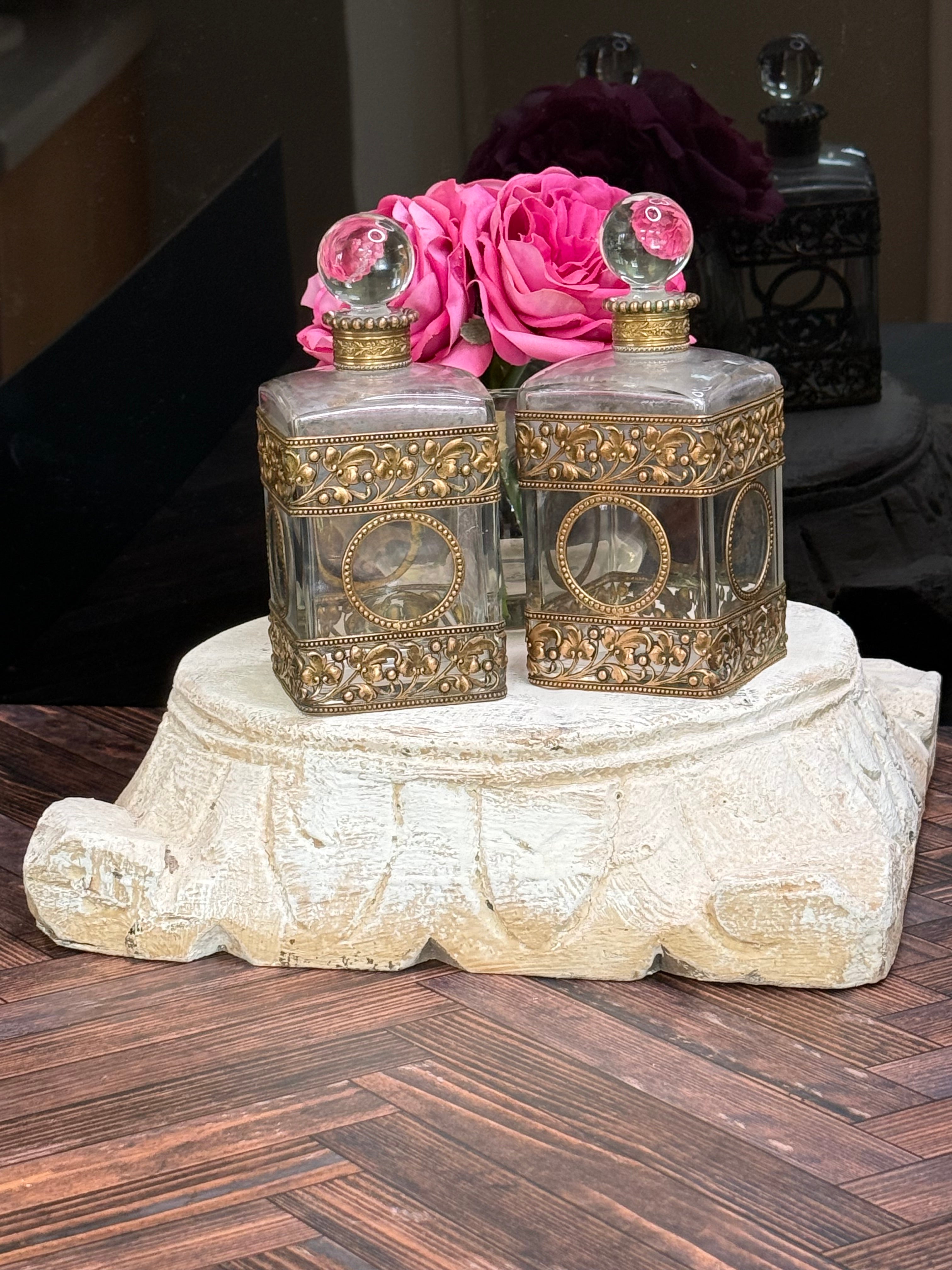Antique French Crystal Perfume Bottle Pair — Belle Époque Pierced Gilt Brass Mounts