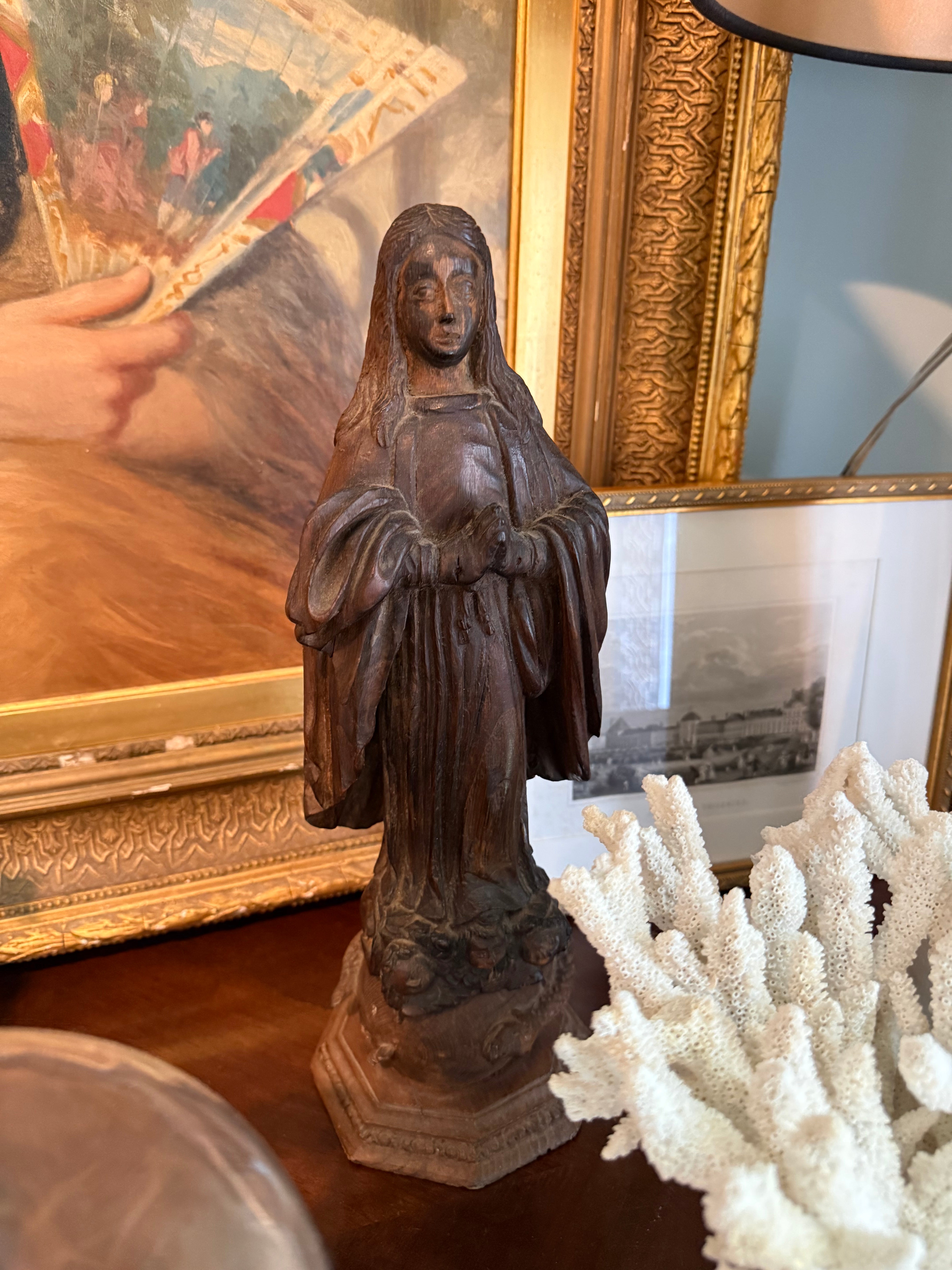 Antique European Walnut Madonna Statue | 18th–19th Century Immaculate Conception
