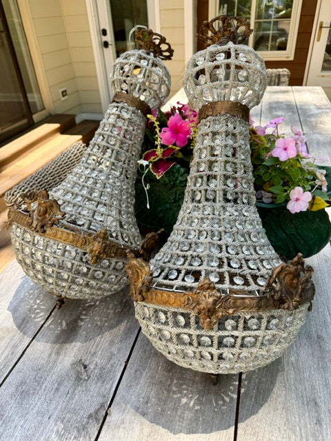 Pair French Glass Beaded Basket Chandeliers, Empire Taste, Early 20th Century