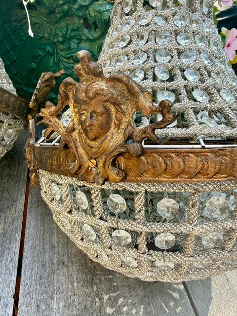 Pair French Glass Beaded Basket Chandeliers, Empire Taste, Early 20th Century