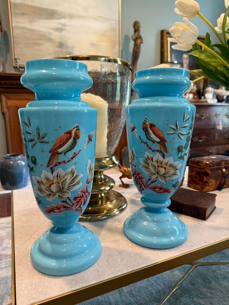 Pair Blue Opaline Vases, Hand-Painted Birds & Peonies, c.1870