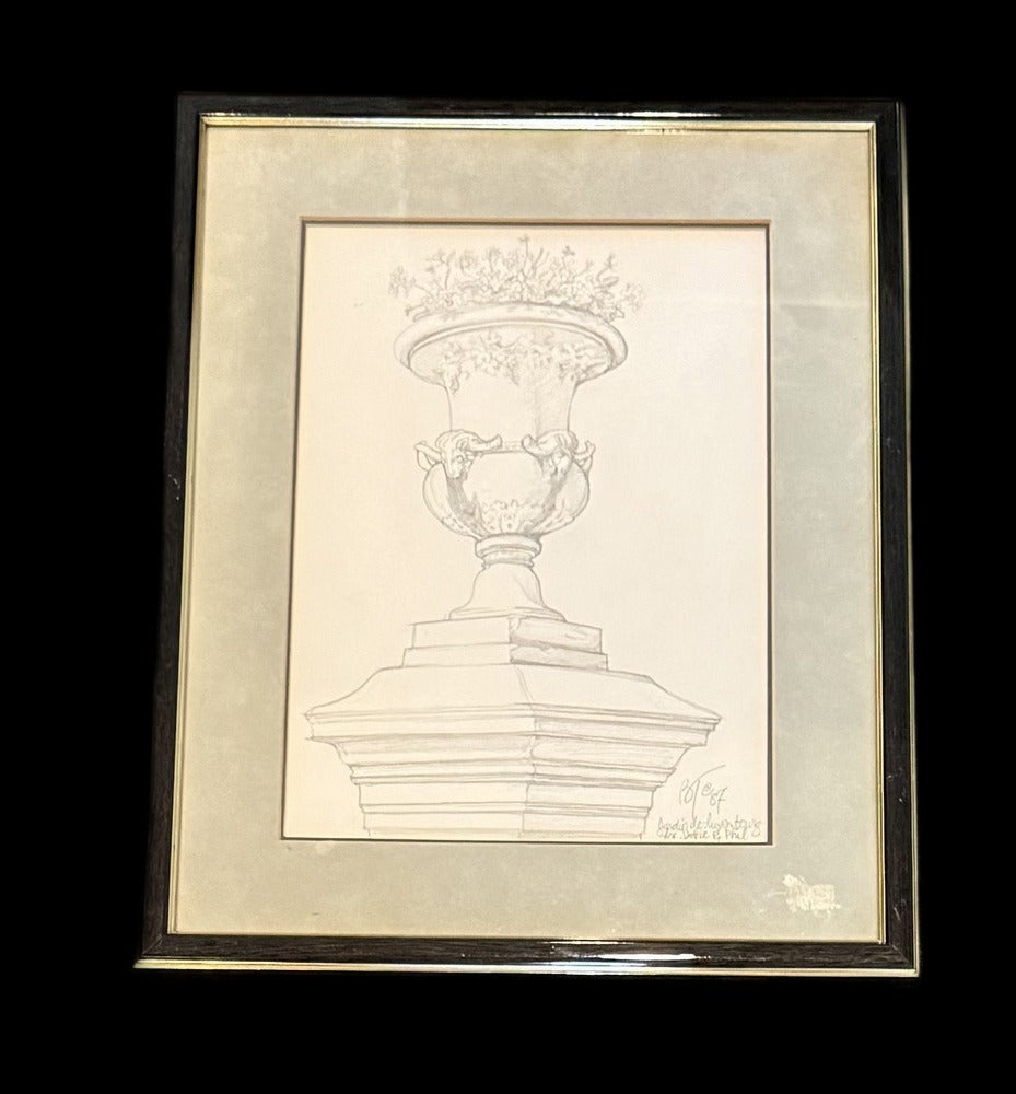 Original Pencil Drawing, Stone Urn, Jardin du Luxembourg, Signed Dated 1987