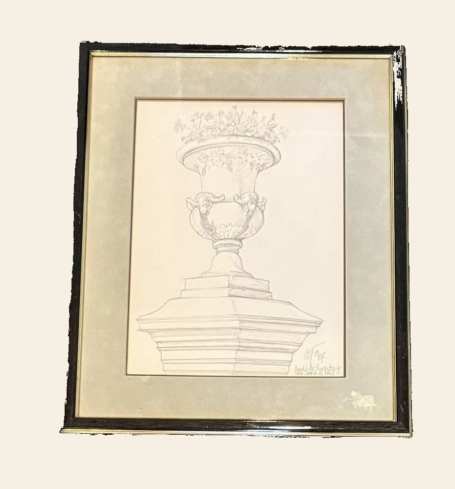Original Pencil Drawing, Stone Urn, Jardin du Luxembourg, Signed Dated 1987