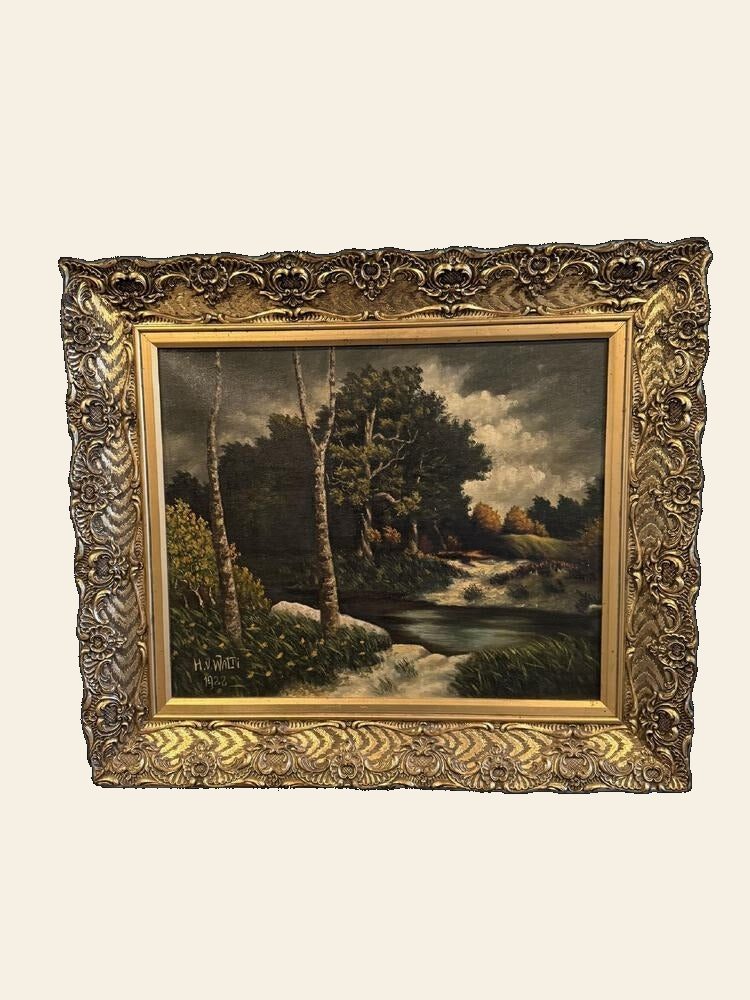 Signed Oil, Birch Trees and Stream Wooded Landscape, H.V. Walti 1922, Gilt Frame