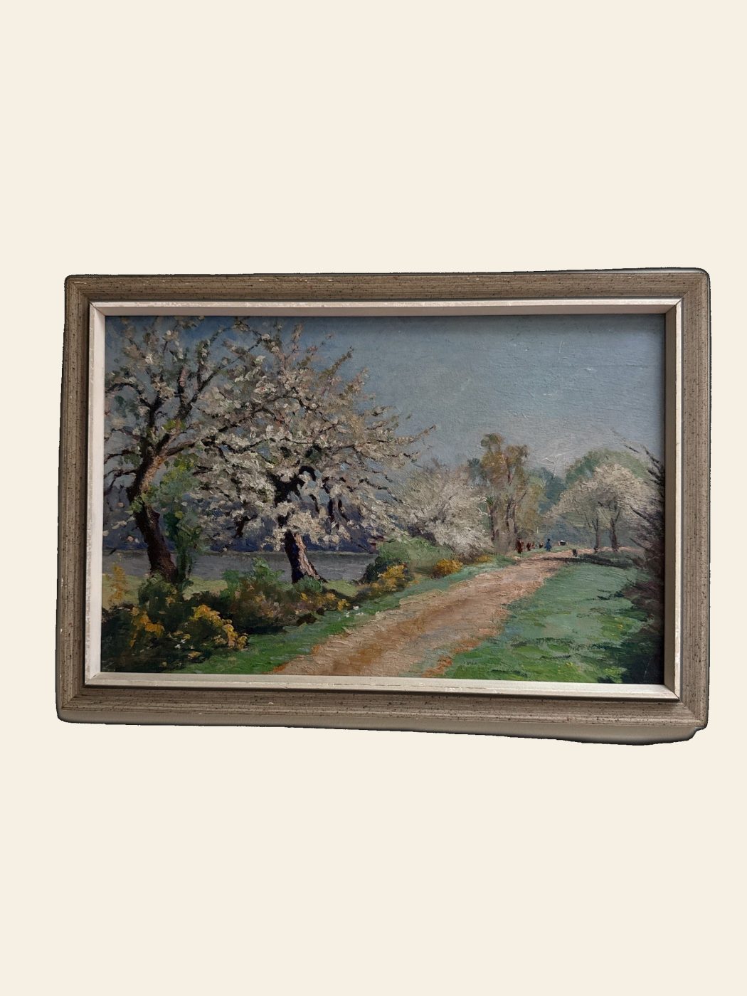 Vintage European Impressionist Oil, Spring Blossom Landscape, Figures, Unsigned