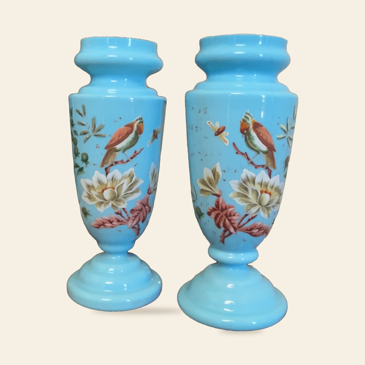 Pair Blue Opaline Vases, Hand-Painted Birds & Peonies, c.1870