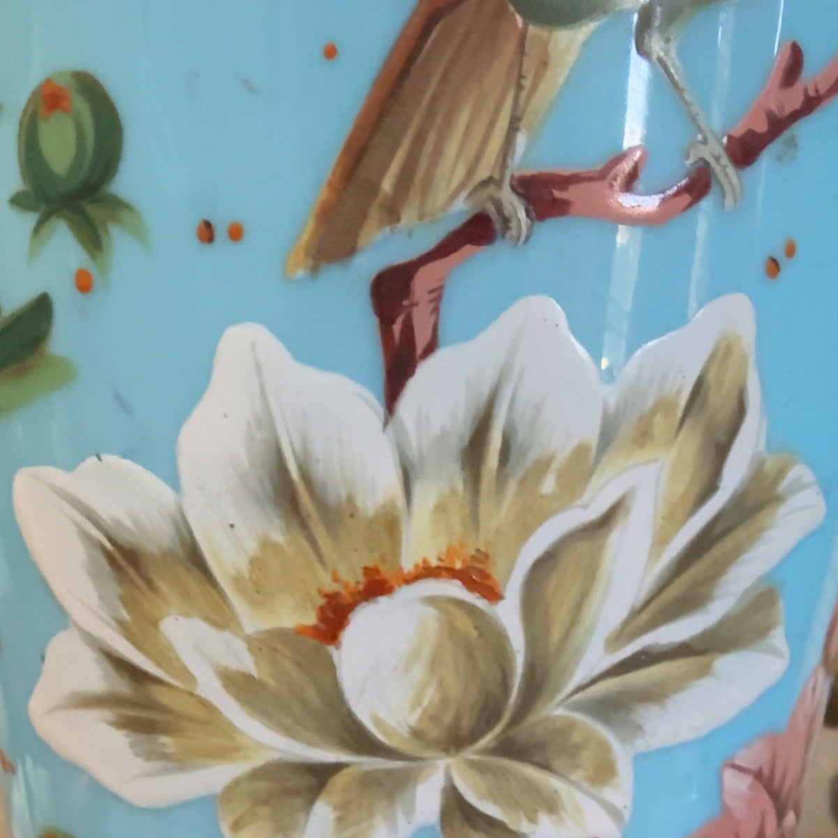 Pair Blue Opaline Vases, Hand-Painted Birds & Peonies, c.1870