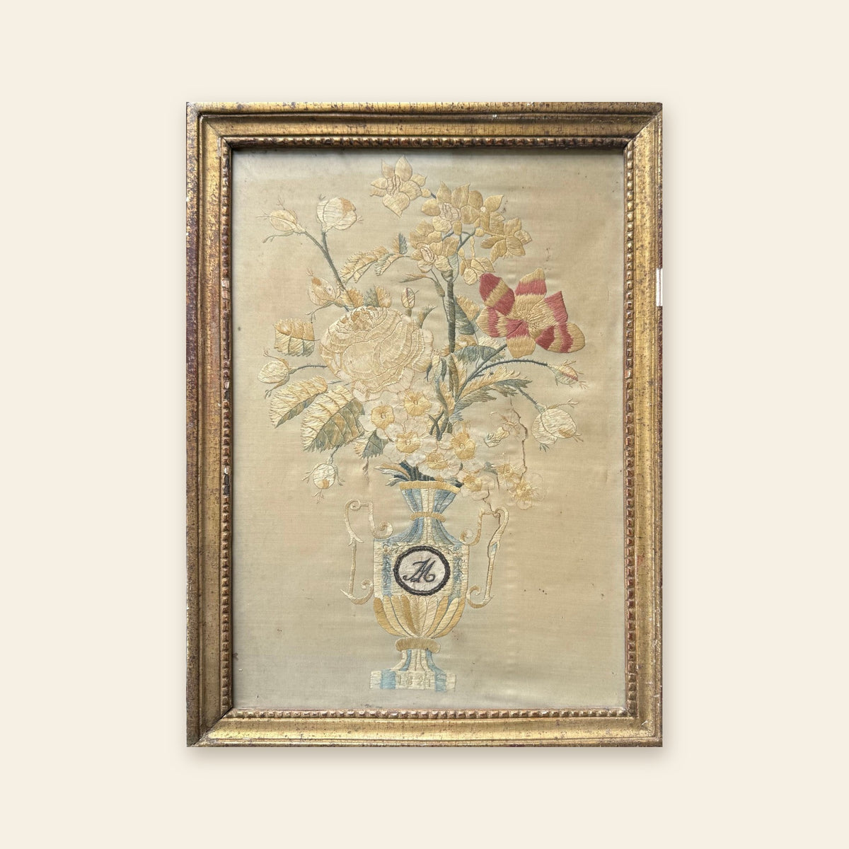 Antique silk needlework picture, urn of flowers, dated 1821, framed