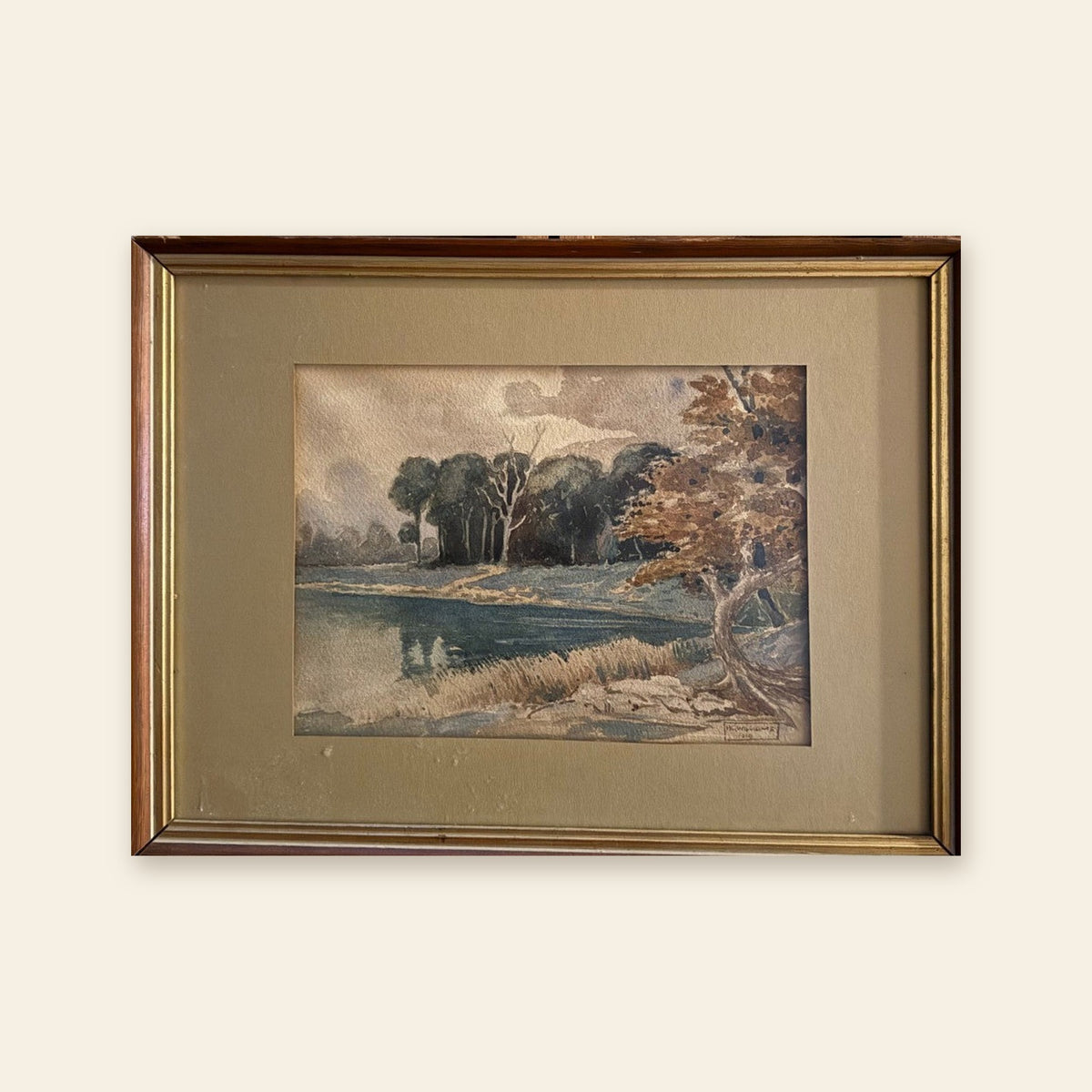 H.C. Williams watercolor, river and autumn trees, framed