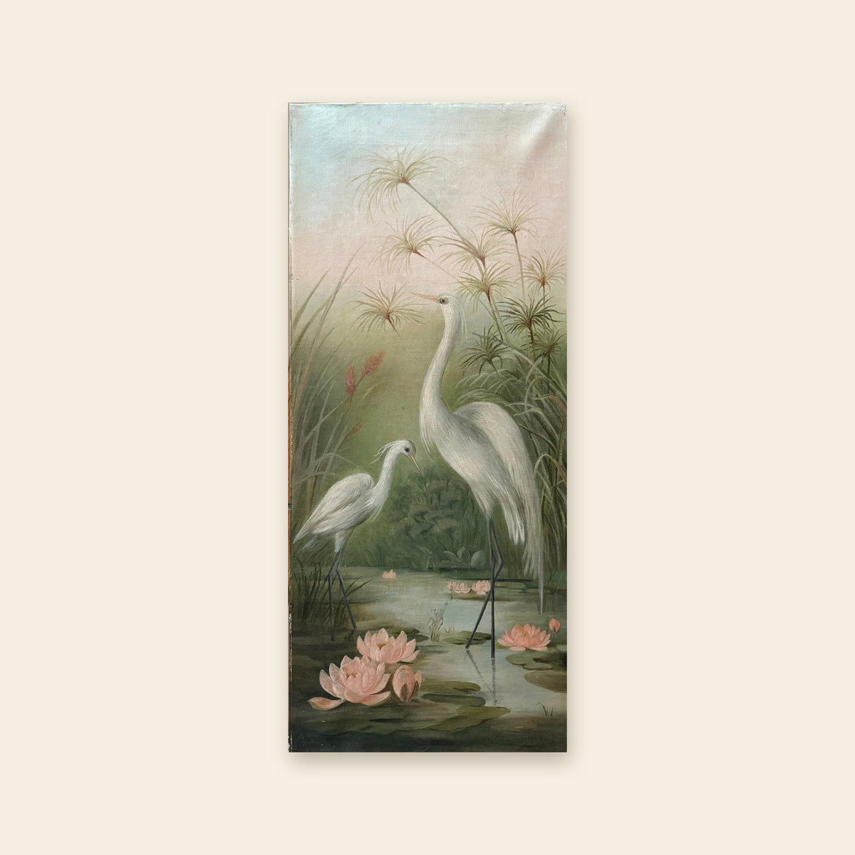 Aesthetic Movement oil on canvas, two egrets in a lotus marsh