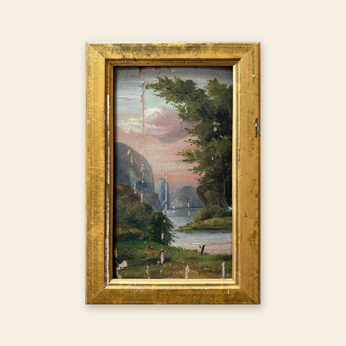 Antique sunset river landscape oil in a gilt frame
