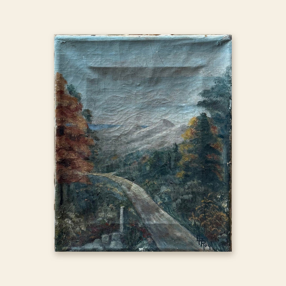 Antique oil on canvas, mountain road in autumn, signed L. Roy