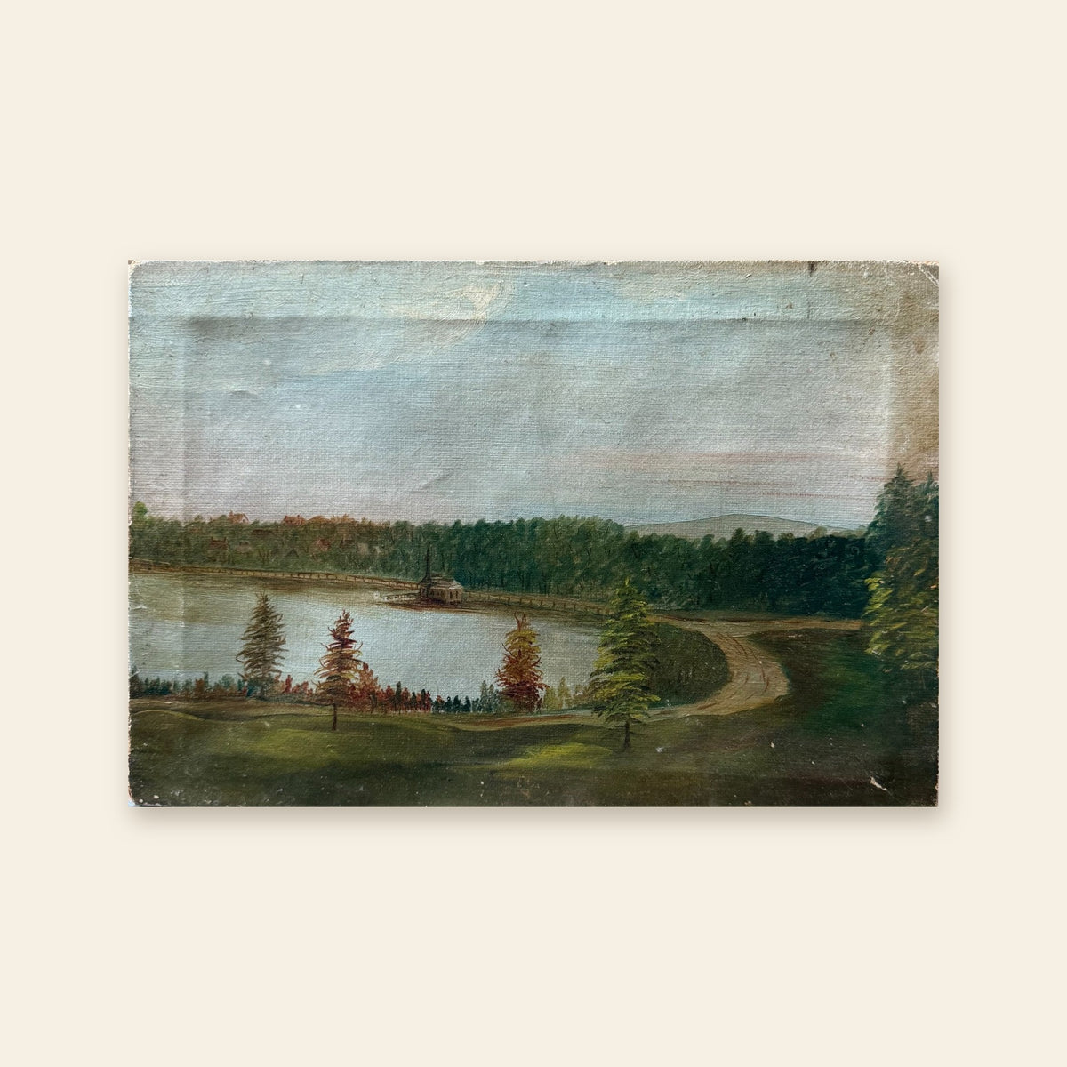 Folk art lake landscape oil with pavilion and carriage road