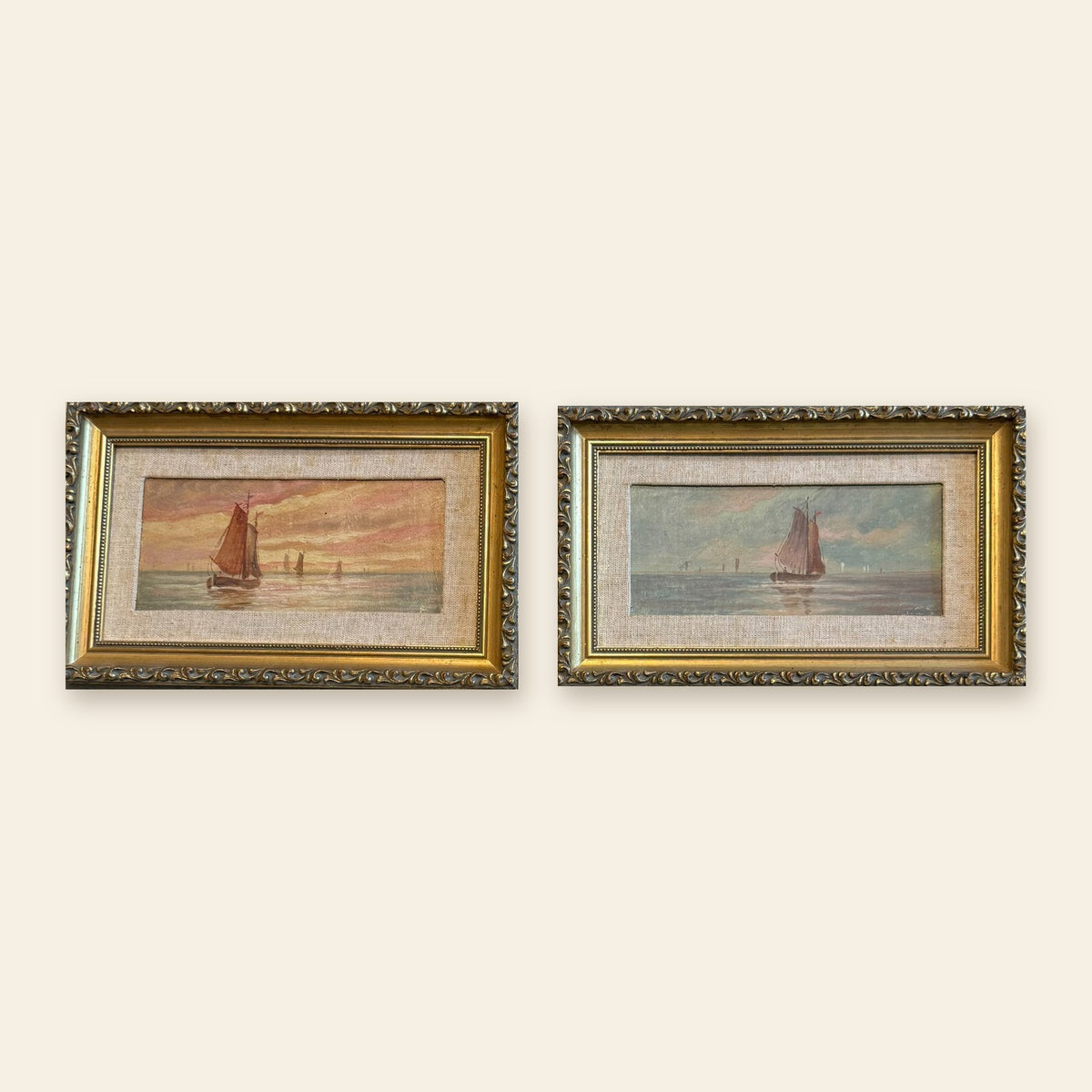 Pair of marine oils, Dutch fishing boats, matching gilt frames