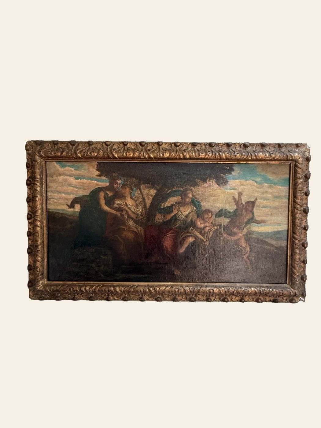 Italian School Oil, Allegorical Scene, Figures and Putti, Overdoor, Gilt Frame
