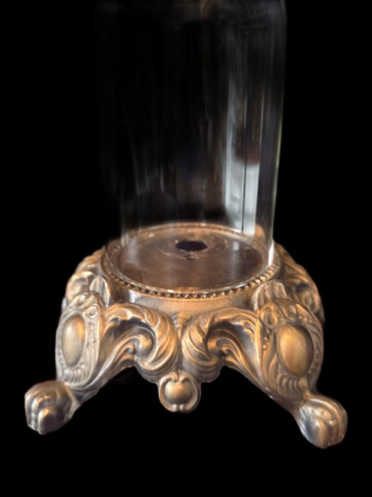 Glass Cloche, Ornate Cast Metal Base, Acanthus Paw Feet, Display Dome