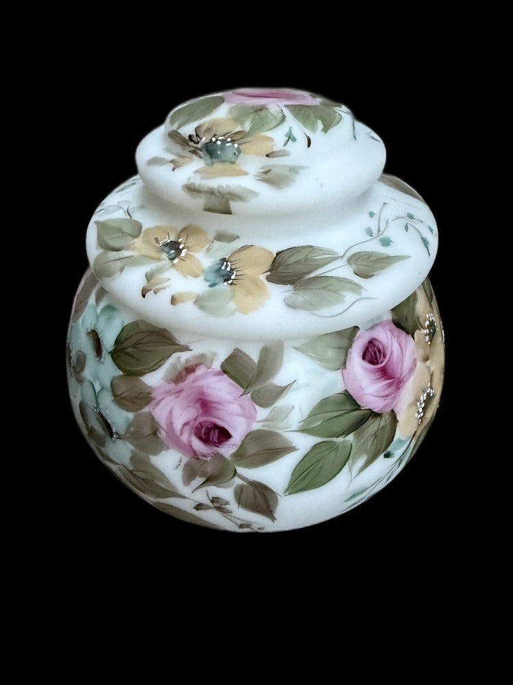L.G. Wright Hand-Painted Milk Glass Candy Box, Pink Roses, Mid 20th Century