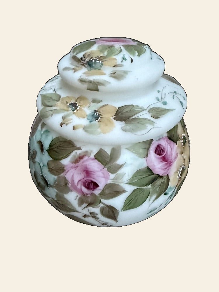L.G. Wright Hand-Painted Milk Glass Candy Box, Pink Roses, Mid 20th Century