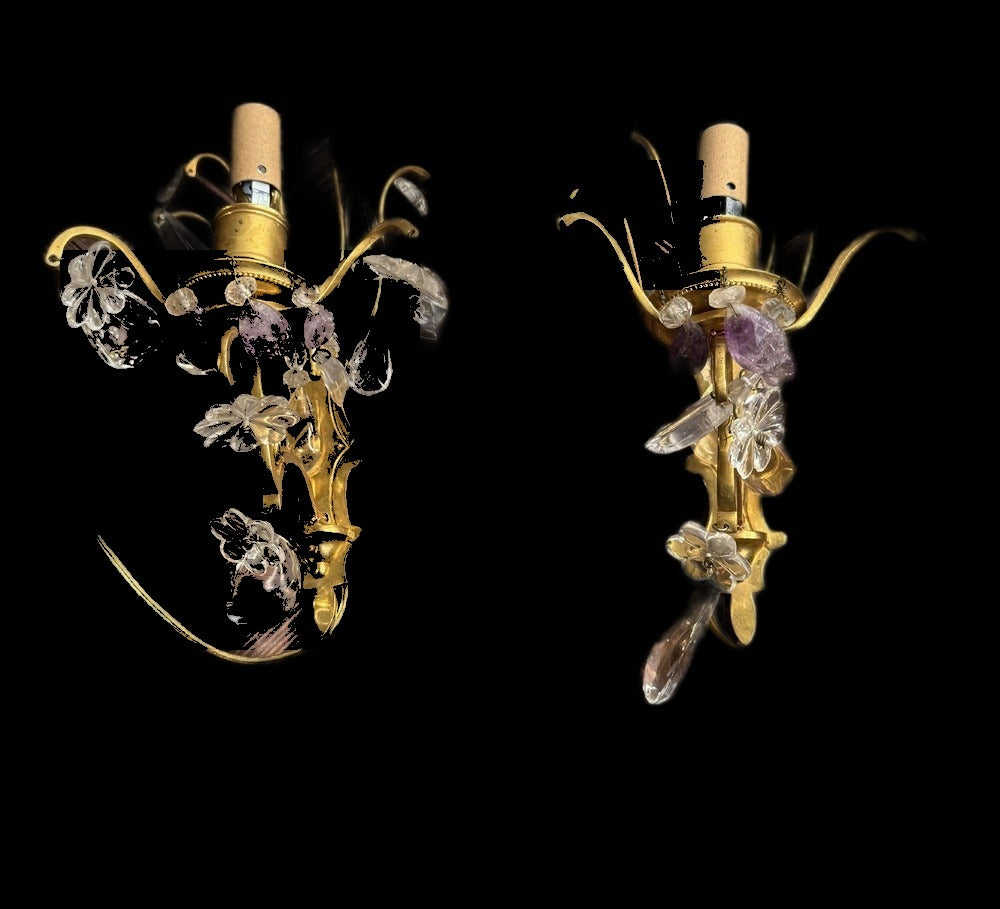 Pair French Gilt Metal Sconces, Rock Crystal and Amethyst, Bagues Style, 20th C.
