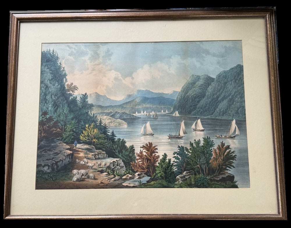 Currier & Ives Hand-Colored Lithograph, Hudson River, Fanny Palmer, 19th Century