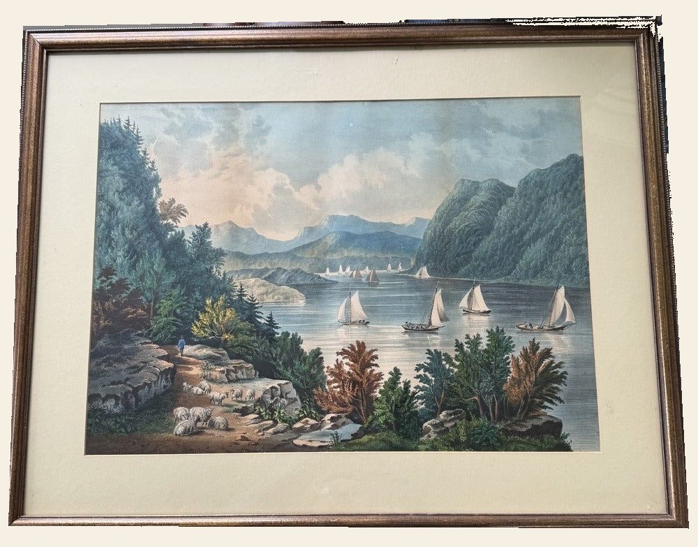 Currier & Ives Hand-Colored Lithograph, Hudson River, Fanny Palmer, 19th Century