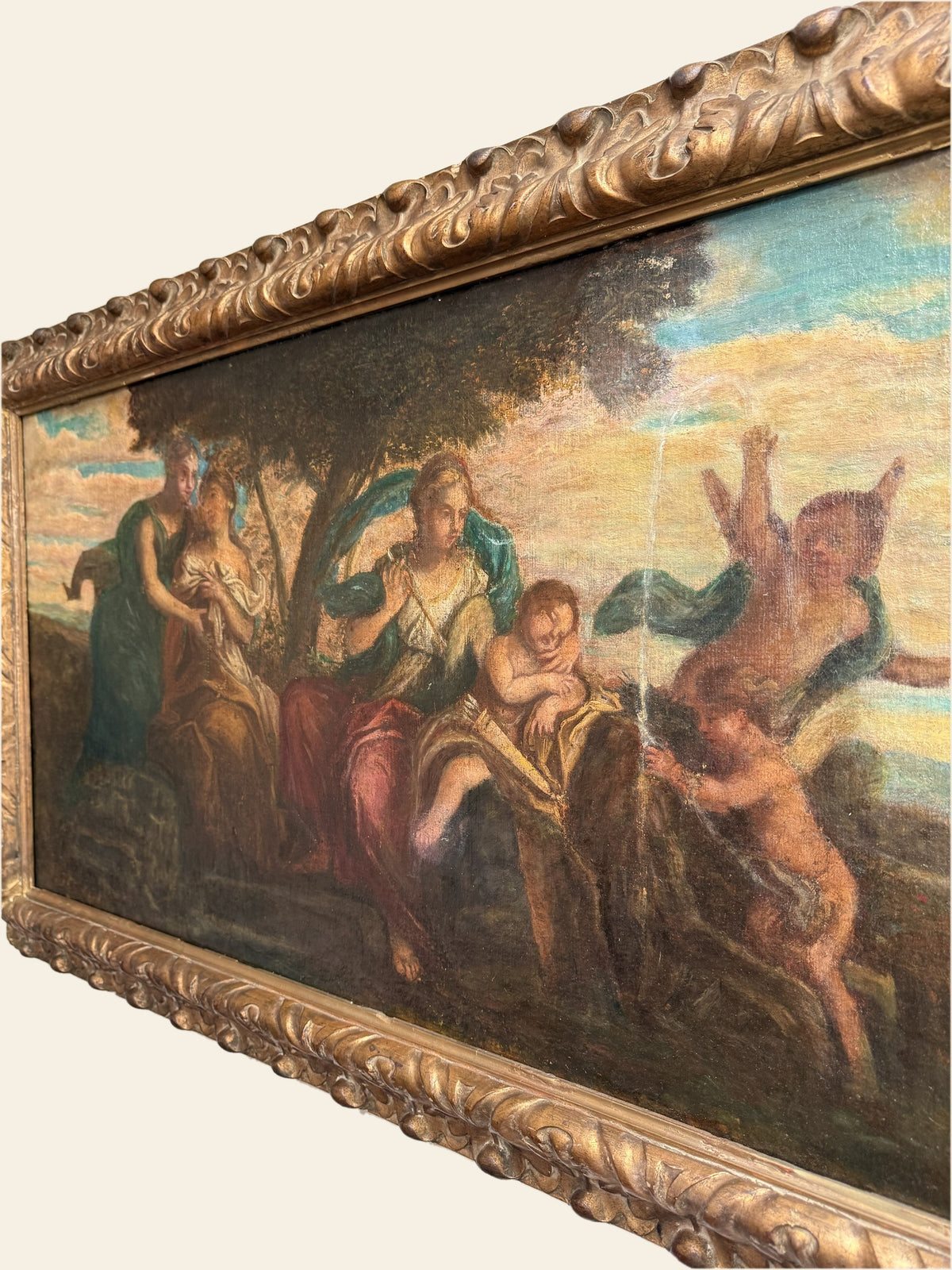 Italian School Oil, Allegorical Scene, Figures and Putti, Overdoor, Gilt Frame