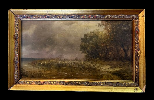 Antique Atmospheric Landscape Oil on Board — Tonalist Sky and Trees Late 19th Century
