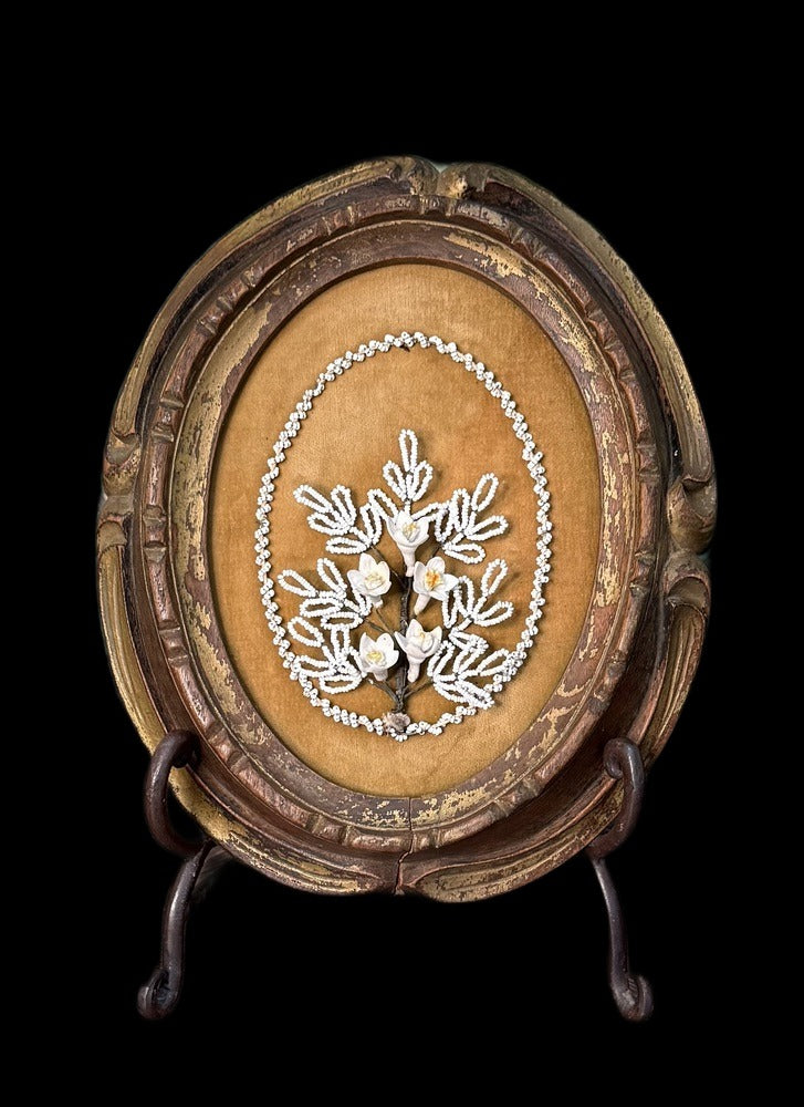 Antique French Beaded Glass Flower Composition, Bisque Blooms, Giltwood Frame