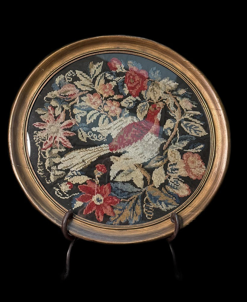 Antique Berlin Woolwork Oval Panel, Bird and Flowers on Black Ground, Gilt Frame
