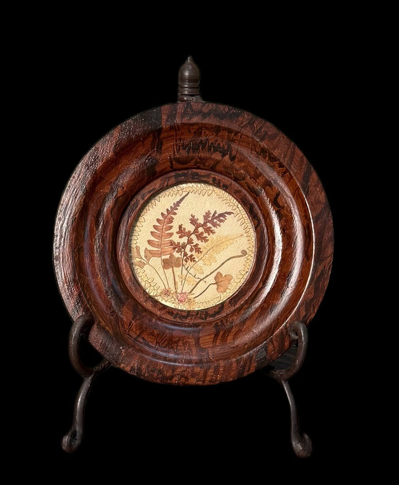 Antique Victorian Pressed Fern Composition, Faux Grained Wood Frame, Round