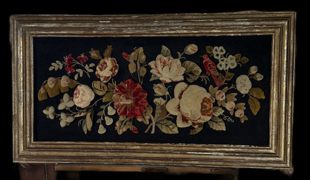 Antique English Berlin Plush Work Floral Panel, Roses and Bird, Black Ground