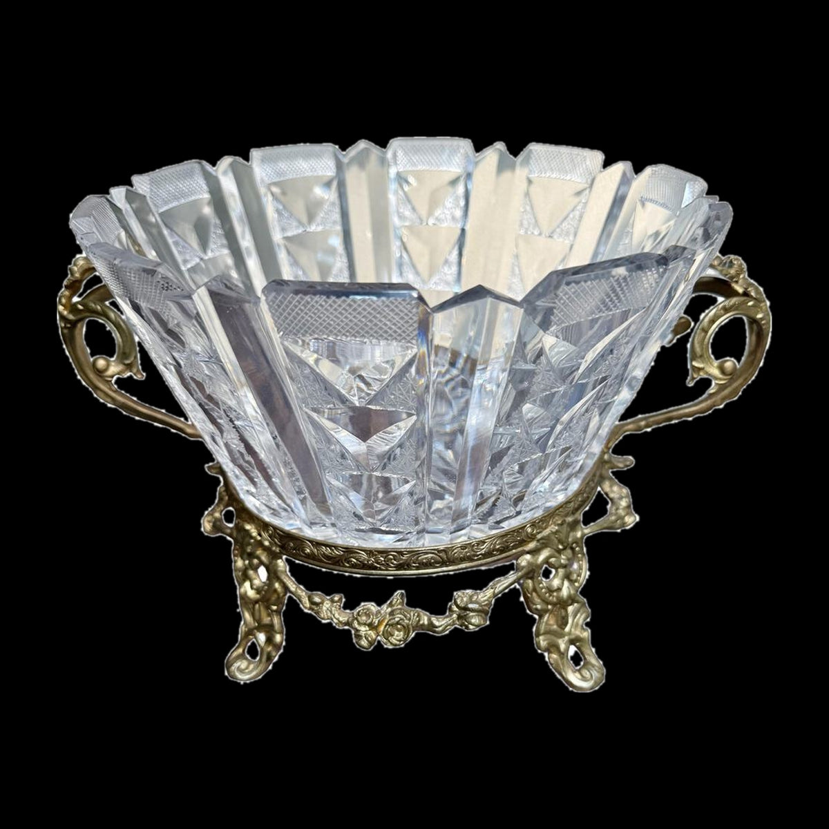 Antique Brilliant Cut Crystal Centerpiece Bowl, Gilt Metal Mount, Footed