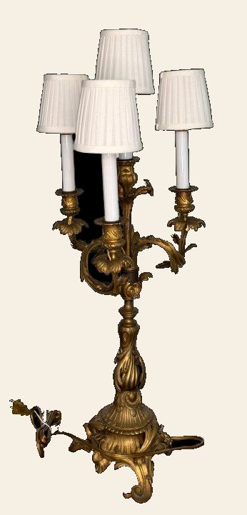 Antique French Brass Four Light Candelabra Lamp, Louis XV Style, Electrified