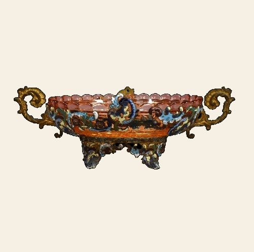 French Champlevé & Gilt Bronze Centerpiece Bowl, Rococo Revival, c.1870