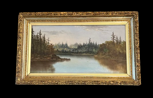Late 19th Century Lake with Conifers Landscape, Oil on Board, Period Gilt Frame