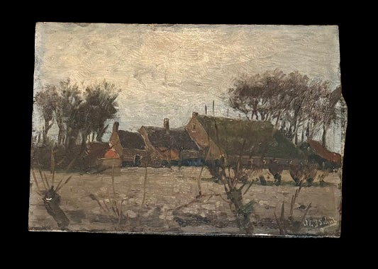 Antique European Oil on Board Winter Farm Village — Hague School Tradition Signed