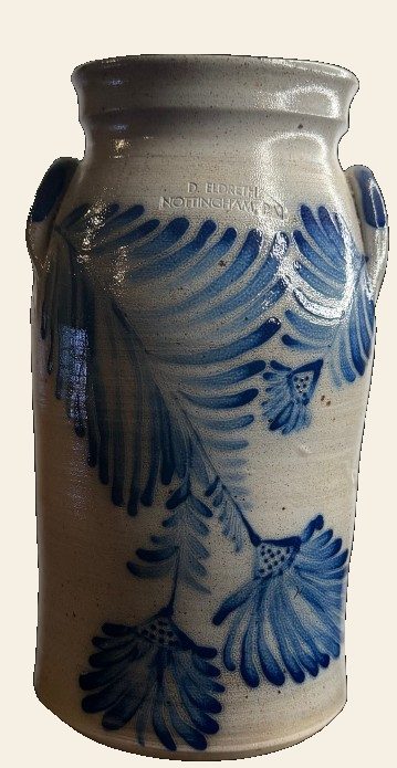 D. Eldreth Salt Glazed Stoneware Crock, Nottingham PA, Cobalt Botanical, 1988