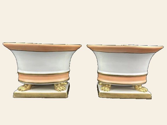 Pair Continental Empire Porcelain Vases, Peach Gilt, Claw Feet, Marked 23