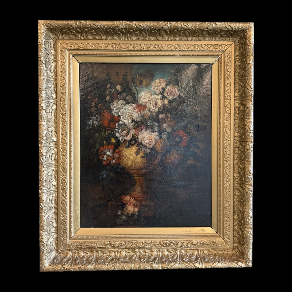 Antique Continental Floral Still Life in Urn, Oil on Canvas, 19th C., Gilt Frame