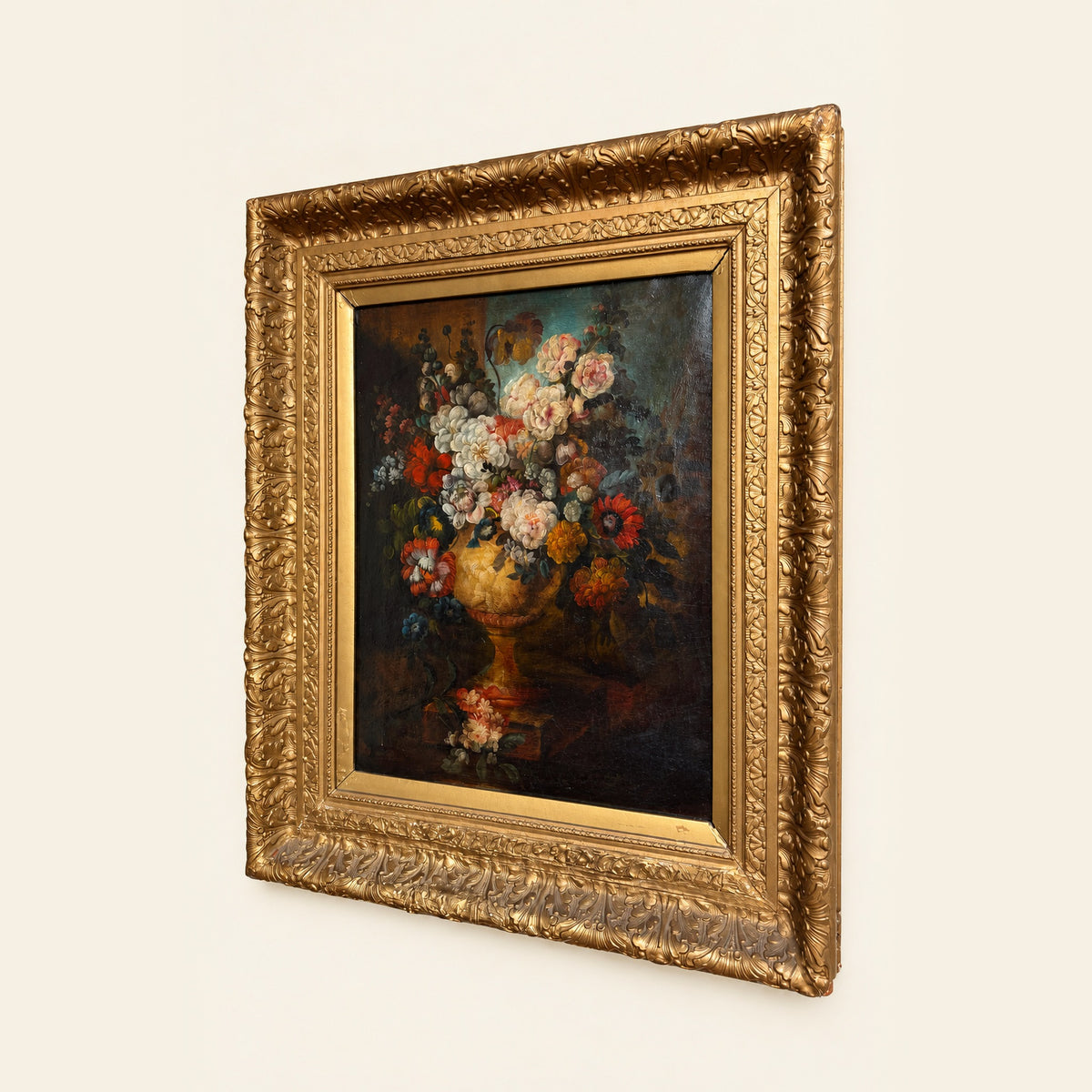 Antique Continental Floral Still Life in Urn, Oil on Canvas, 19th C., Gilt Frame