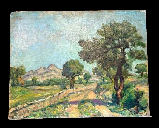 Antique French Oil on Canvas Board Provençal Landscape — Signed G. Fauly Olive Trees and Mountain