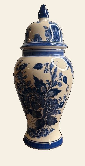 Dutch Delft Style Lidded Ginger Jar, Hand Painted Cobalt Floral, Made in Holland