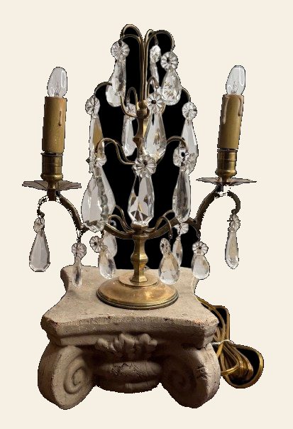 Vintage French Style Brass and Crystal Girandole Lamp, Ionic Base, Rewired