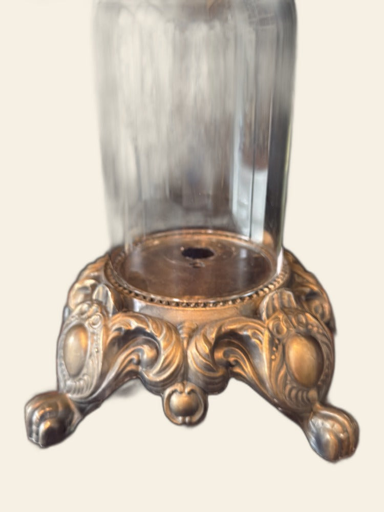 Glass Cloche, Ornate Cast Metal Base, Acanthus Paw Feet, Display Dome