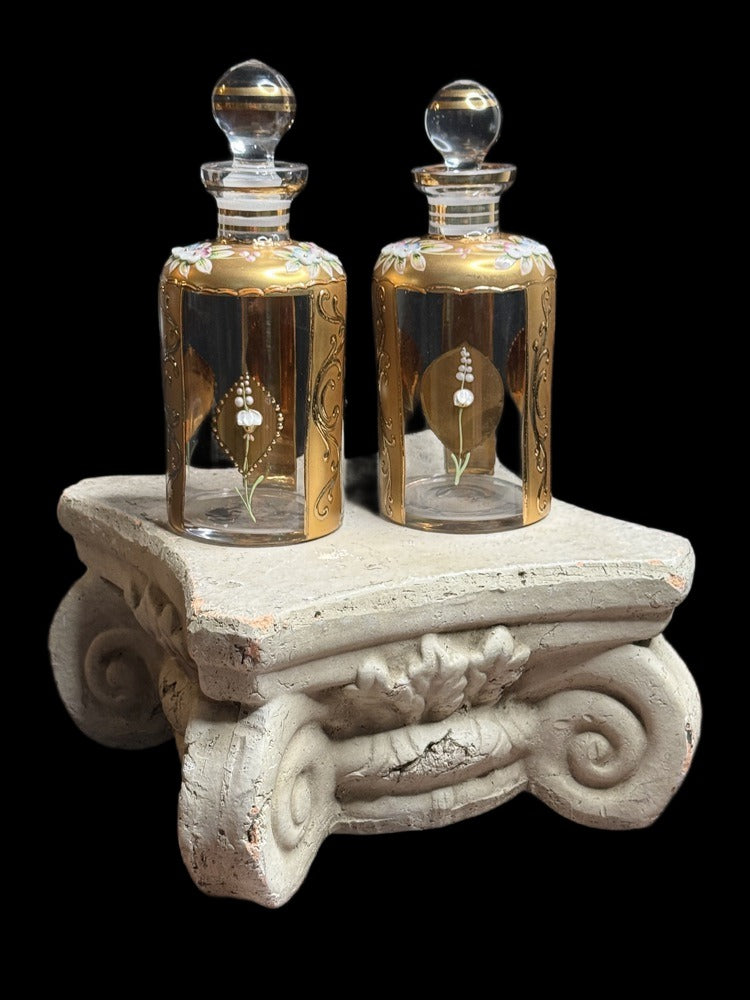 Bohemian Gilt Enamel Perfume Bottle Pair, Raised White Florals, Ball Stoppers