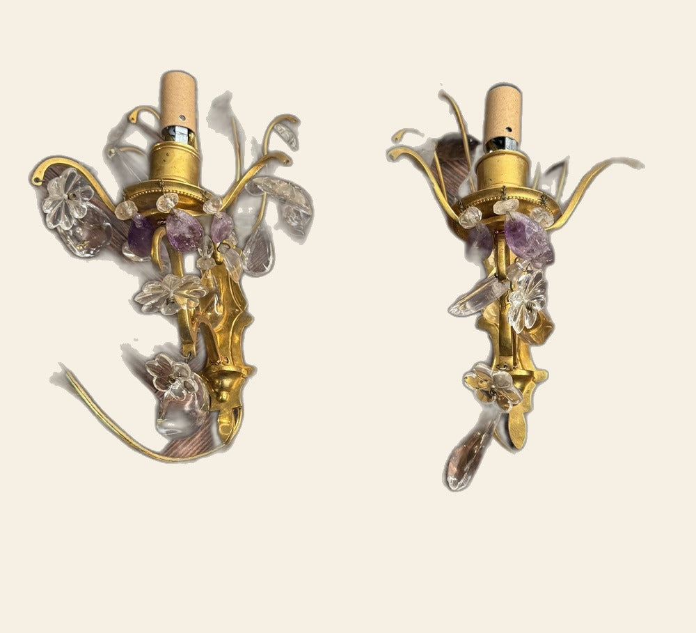 Pair French Gilt Metal Sconces, Rock Crystal and Amethyst, Bagues Style, 20th C.