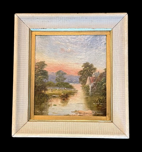 Antique British Oil on Board Pastoral River Landscape — Late Victorian Watermill at Sunset