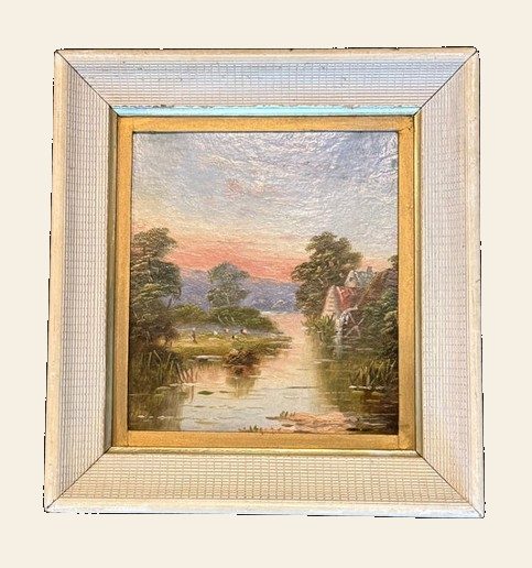 Antique British Pastoral Oil, River Watermill at Sunset, Late Victorian, Framed