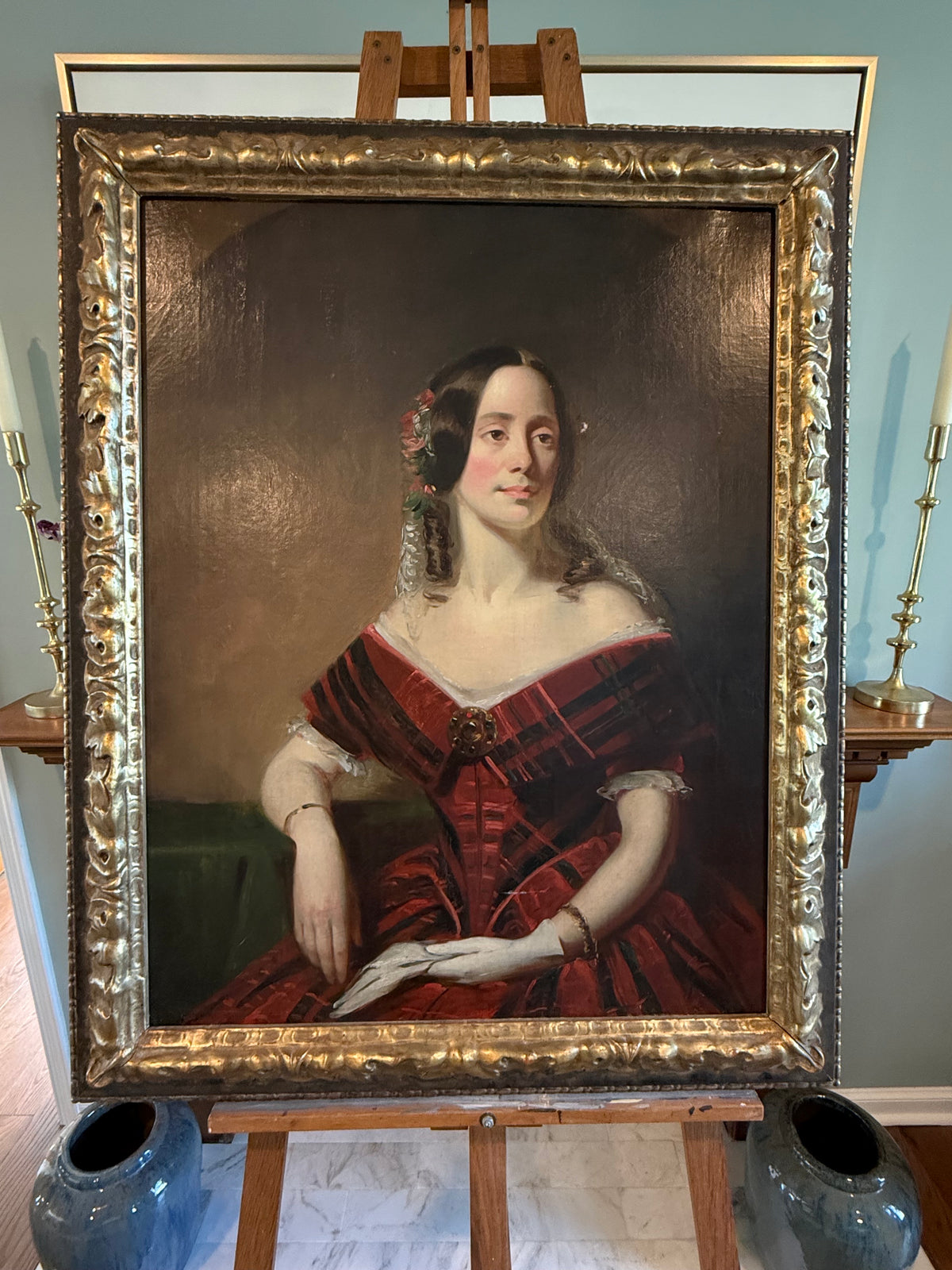 Victorian Oil Portrait, Young Woman in Tartan Dress, English School c.1845
