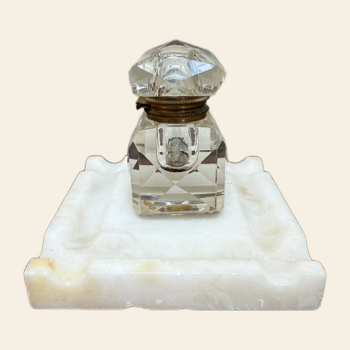 Antique Marble Inkstand, Cut Crystal Inkwell, Brass Fittings, Pen Rest, Victorian